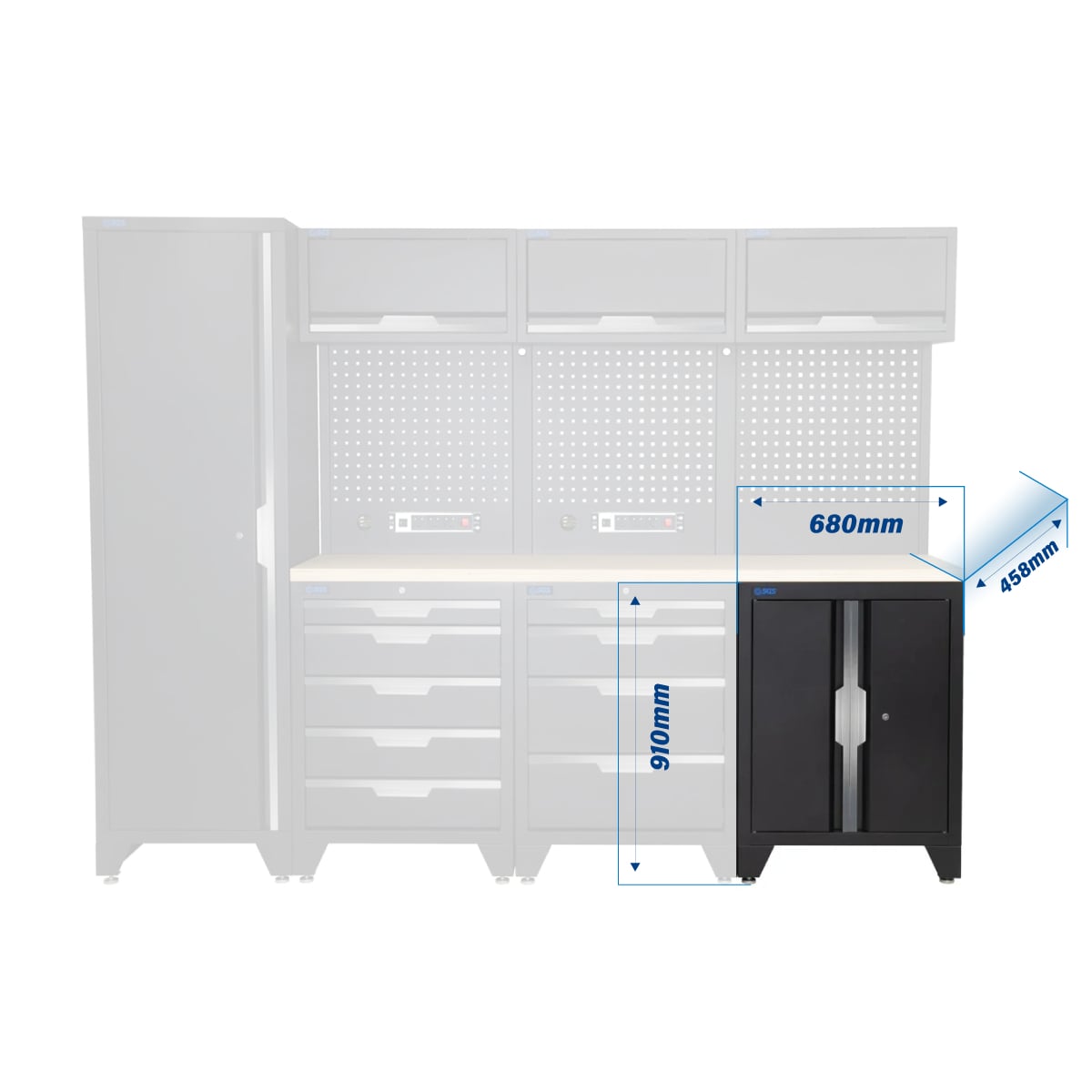 SGS 10pc Modular Garage Storage | 9 Drawers | Plywood Worktop | Tall Single Cabinet | Floor Cabinet | 3x Upper Cabinets | 2x Pegboards with Power Strip